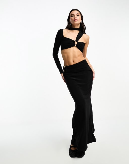 ASOS DESIGN crop one sleeve top and skirt with gold trim co-ord in black