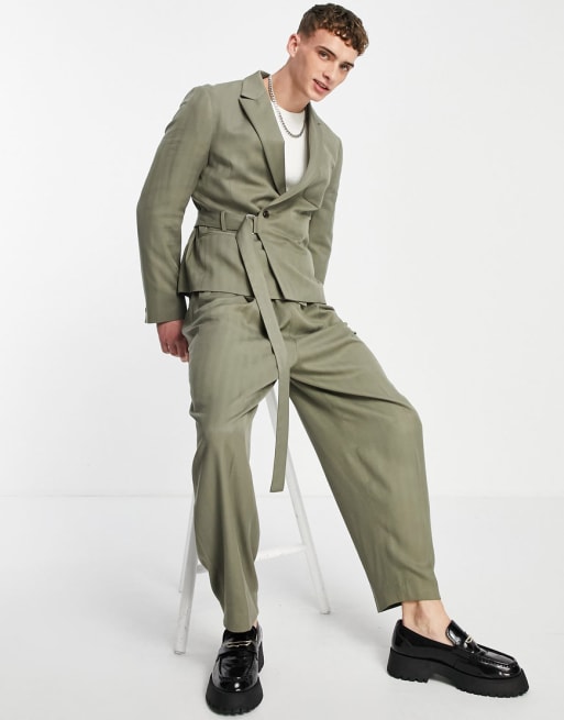 ASOS DESIGN - Crop pak met utility-riemdetail in olijfgroen visgraatpatroon