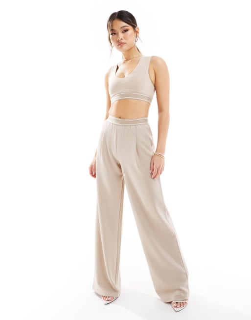 ASOS DESIGN crop top with elastic hem and wide leg pants set in stone