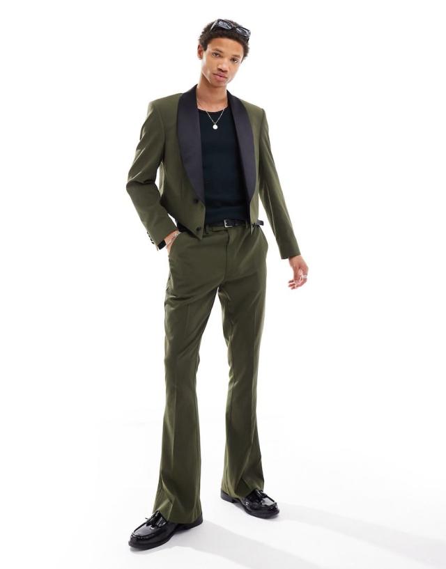 ASOS DESIGN - cropped suit with contrast satin lapel in green