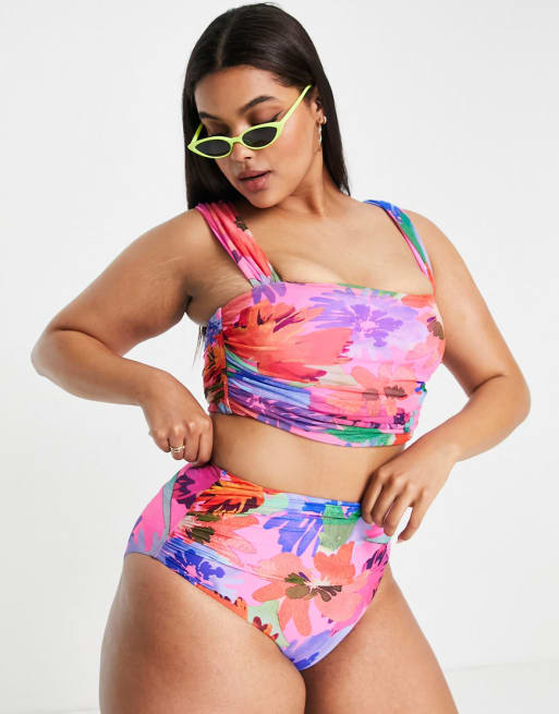 ASOS DESIGN Curve – Abstrakt blommig bikini i mesh med hipsterdesign