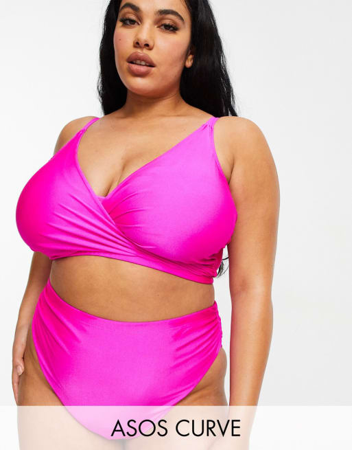 ASOS DESIGN Curve - Bikini met glans in felroze