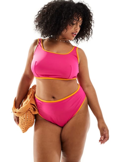 ASOS DESIGN Curve - Bikini rosa con profili a contrasto