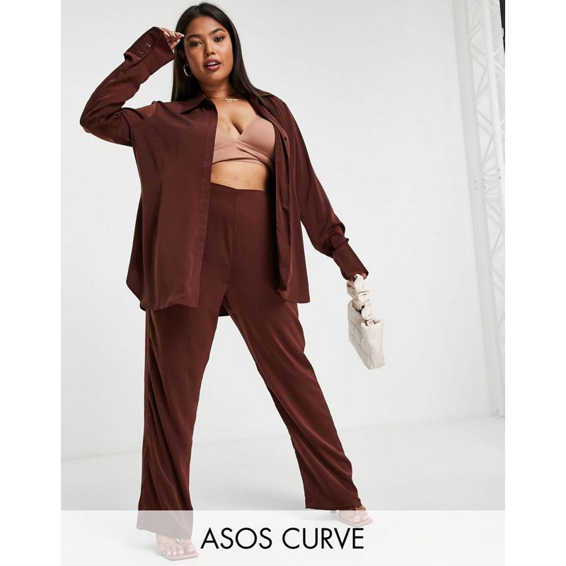 Donna Pantaloni e leggings DESIGN Curve - Coordinato con camicia e pantaloni in raso cioccolato