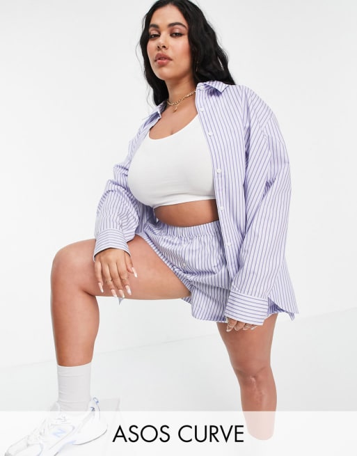 ASOS DESIGN Curve cotton poplin shirt and short co-ord in blue stripe