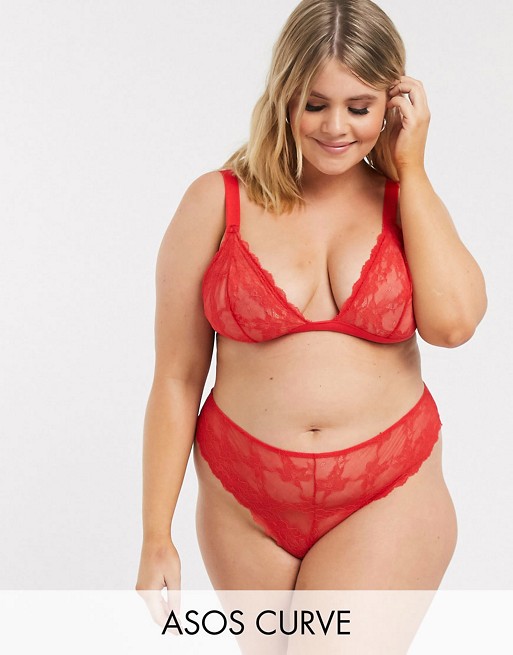 ASOS DESIGN Curve Eliza lace soft triangle bra with high apex & thong in red