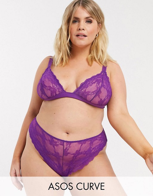 ASOS DESIGN Curve Eliza lace soft triangle bra with high apex & thong set