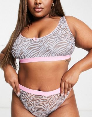 ASOS DESIGN Curve exclusive zebra mesh printed bra & thong in blue