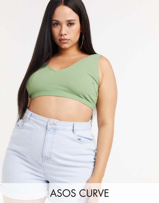 ASOS DESIGN Curve – Gerippter Bikini in Khaki