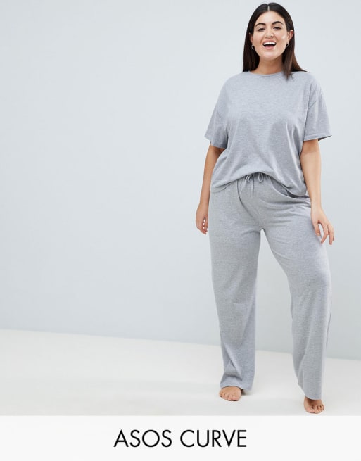ASOS DESIGN Curve – Grå pyjamast-shirt och -byxor, mixa och matcha