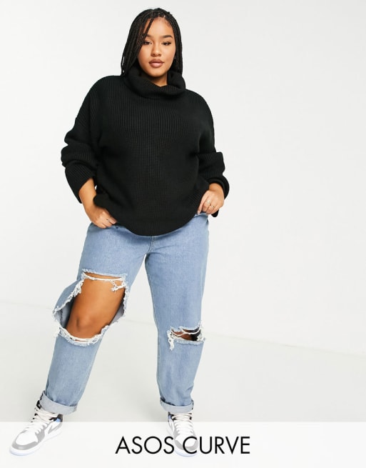 ASOS DESIGN Curve - Maglione accollato a coste e gonna midi in maglia nera