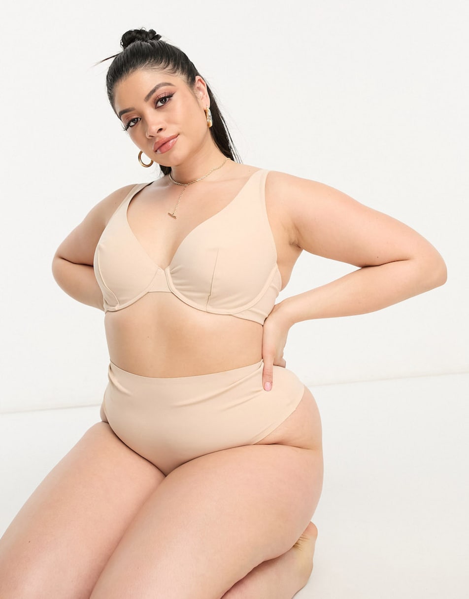 ASOS DESIGN Mila mesh smoothing body with short sleeves in beige