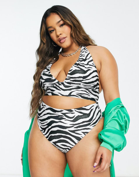 ASOS DESIGN Curve – Mieszaj i łącz – Bikini we wzór w paski zebry - view 1
