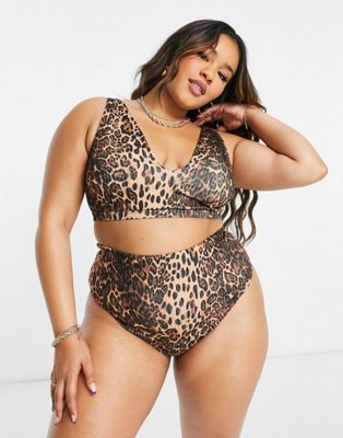 ASOS DESIGN Fuller Bust mix and match rib deep plunge bikini top in leopard print