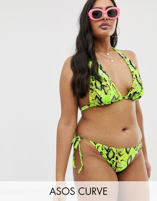 ASOS DESIGN Curve – Mix-and-Match – Bikiniset mit Neckholder-Oberteil und seitlich gebundener Hose mit neonfarbenem Schlangenmuster