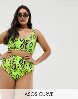ASOS DESIGN Curve – Mix-and-Match – Bikiniset mit Oberteil und Hose mit neonfarbenem Schlangenmuster