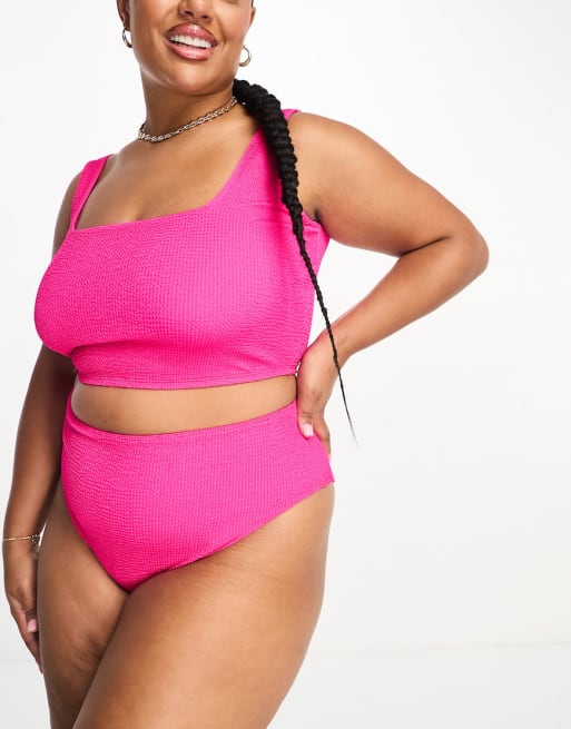 ASOS DESIGN Curve - Mix and Match - Crop top bikini taglio lungo in tessuto stropicciato rosa pop