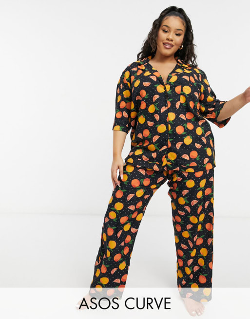 ASOS DESIGN Curve mix & match 100% modal orange print pyjama shirt