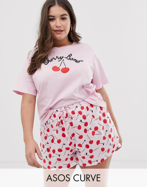 ASOS DESIGN Curve mix & match cherry pyjamasjersey t-shirt og shorts