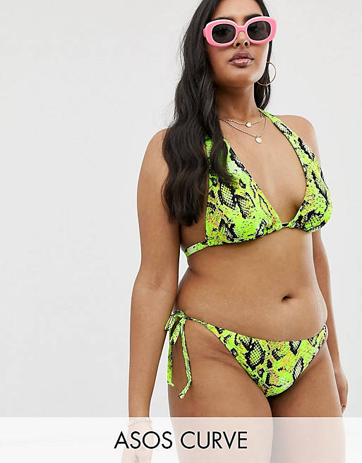 ASOS DESIGN curve mix & match halter top & tieside pant bikini set in neon snake
