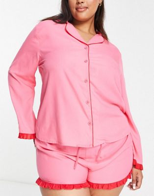 ASOS DESIGN Curve mix & match modal pyjama shirt with contrast frill in pink & red