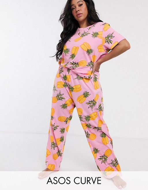 ASOS DESIGN Curve mix & match pineapple print jersey pyjama tee and trouser