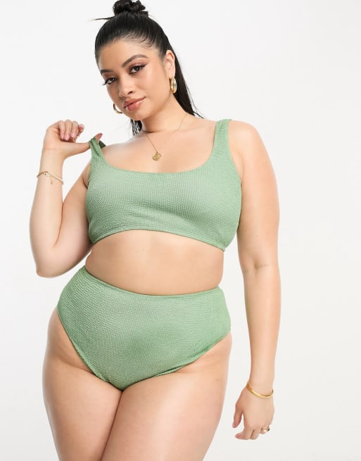 ASOS DESIGN Curve - Mix og match - Kakifarvet cropped bikini i krølstof med dyb rund hals