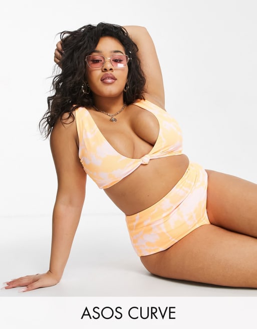ASOS DESIGN Curve – Pomarańczowe bikini z efektem spłowienia i tie-dye: dół z podwyższonym stanem i góra z supełkiem