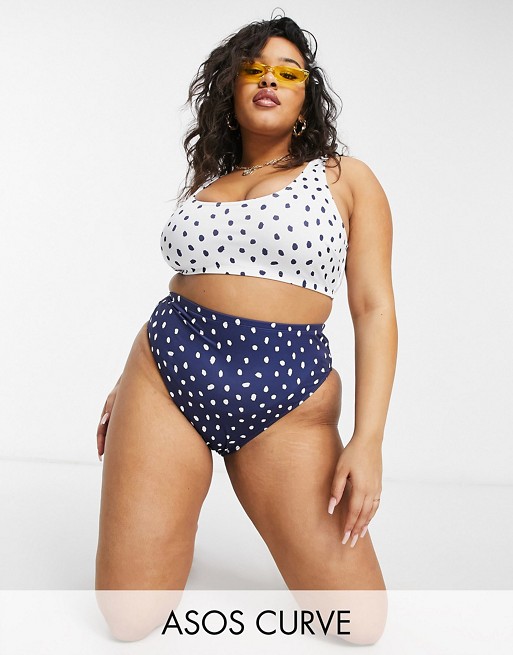 ASOS DESIGN curve crop and high leg high waist bikini in polka dot spot