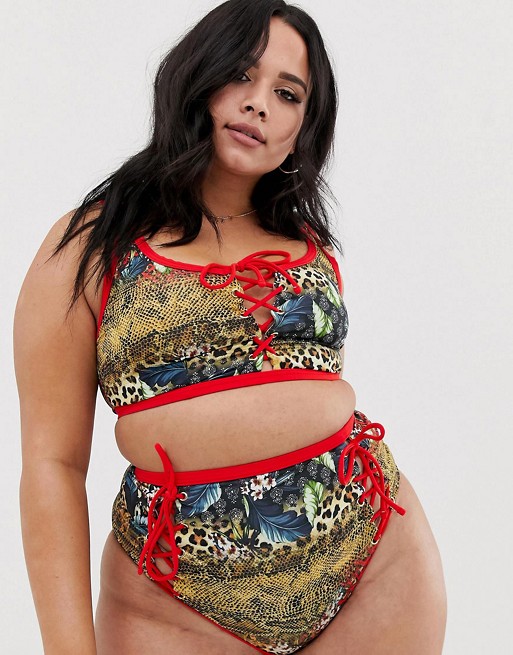 ASOS DESIGN Curve recycled lace up contrast bind bikini in leopard tropical