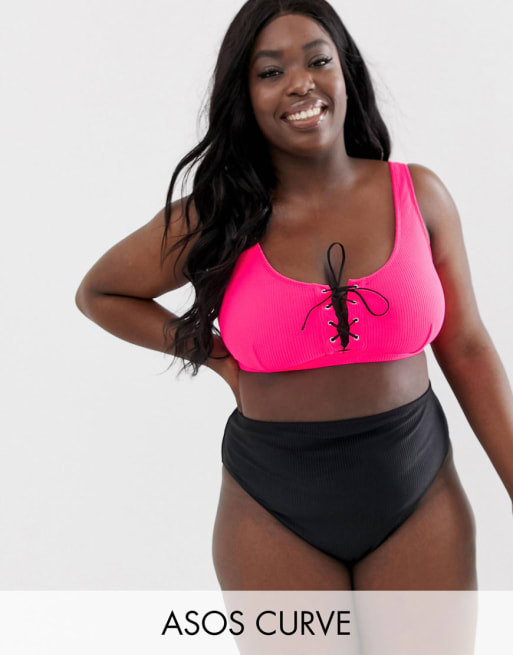 ASOS DESIGN curve rib lace up crop bikini top in washed neon pink