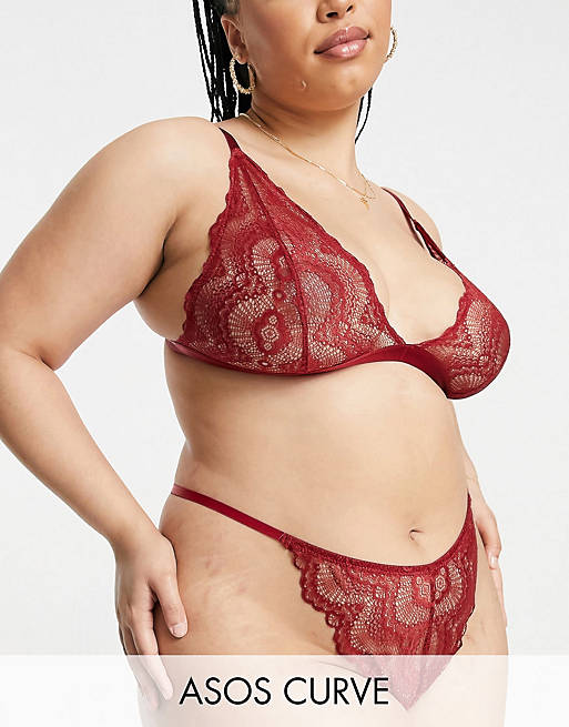 ASOS DESIGN Curve Rosie triangle bra & thong in red