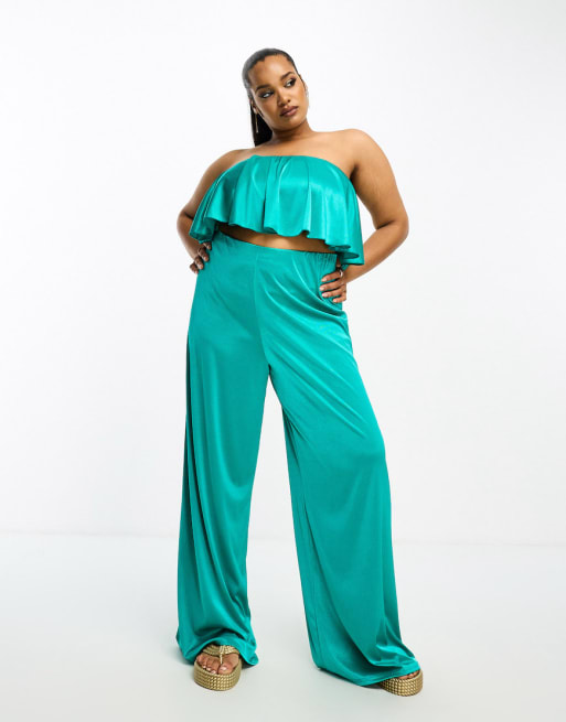 ASOS DESIGN Curve satin bandeau top and wide leg pants set in teal