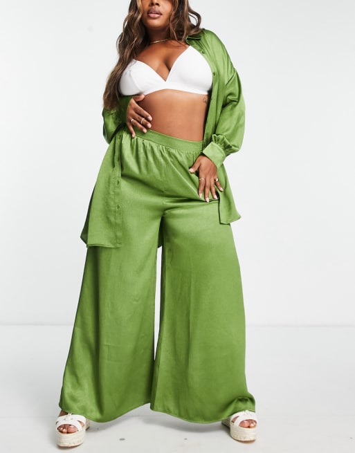 ASOS DESIGN Curve satin beach palazzo set in khaki