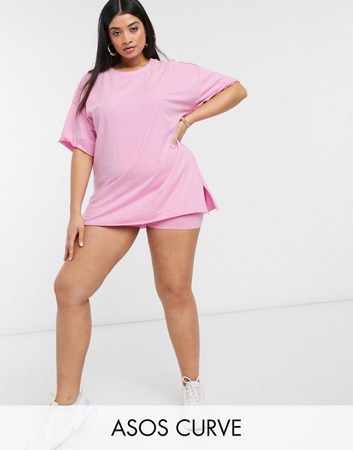 ASOS DESIGN Curve super oversized t-shirt and shorter legging short in pink