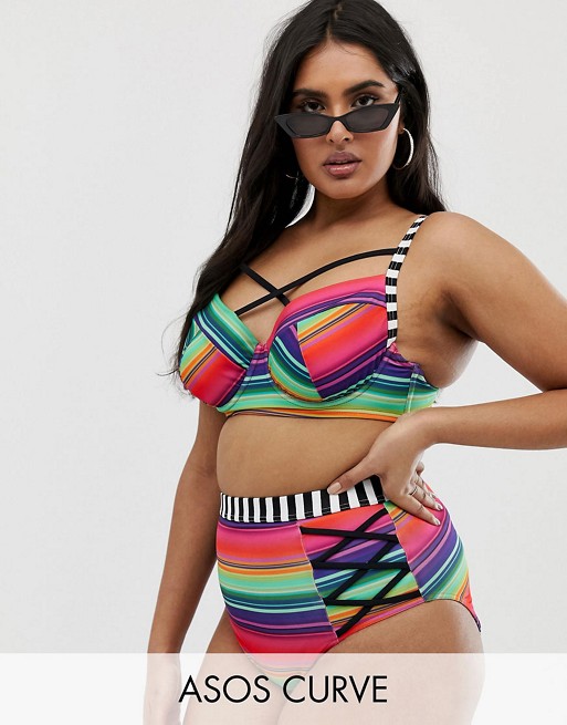 ASOS DESIGN curve supportive cupped top & pant bikini set in multi stripe print