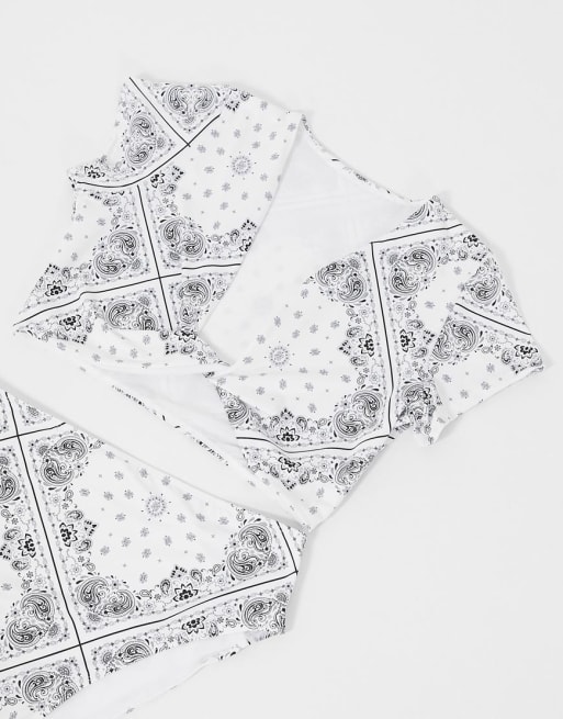 ASOS DESIGN curve tie front t-shirt bikini in white bandana print
