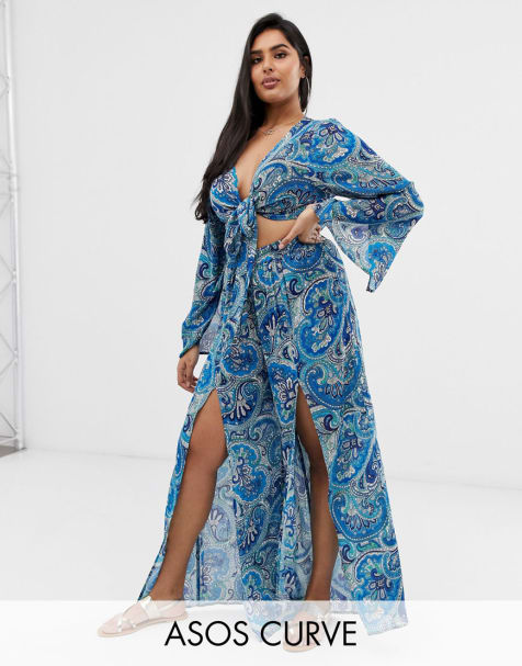 ASOS DESIGN Curve washed paisley print tie front beach co-ord