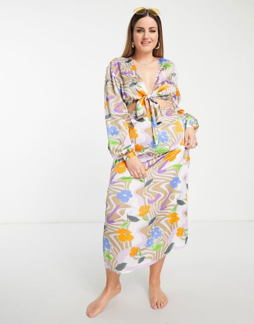 ASOS DESIGN Curve wrap beach set in floral swirl print