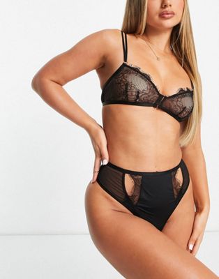 ASOS DESIGN delicate lace bra with hook and eyes in black