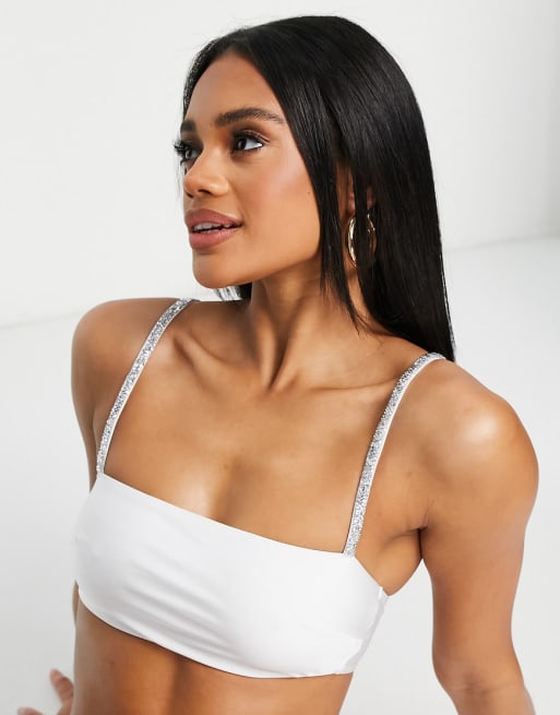 ASOS DESIGN diamante strap tanga bikini in white