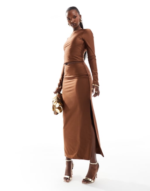 ASOS DESIGN disco backless top and midi skirt set in chocolate