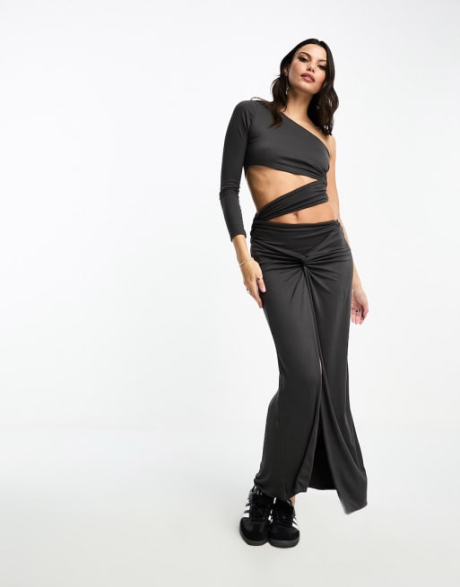 ASOS DESIGN draped cut out bodysuit and skirt coord in charcoal ASOS
