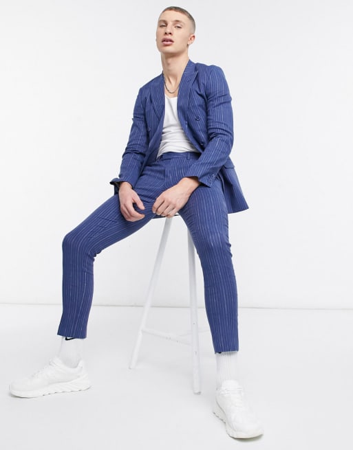 ASOS DESIGN – Dwurzędowy garnitur o bardzo obcisłym kroju z domieszką lnu w prążki