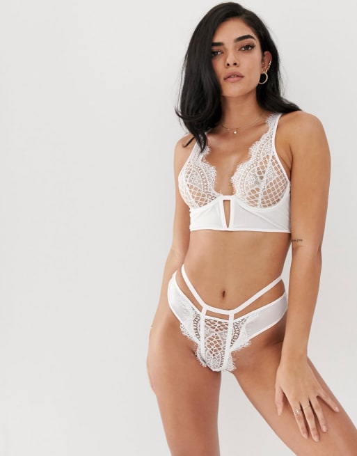 ASOS DESIGN Elvita cut out plunge lace longline underwire bra and thong in white