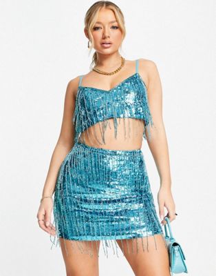 ASOS DESIGN festival embellished micro mini skirt with fringing co-ord in blue