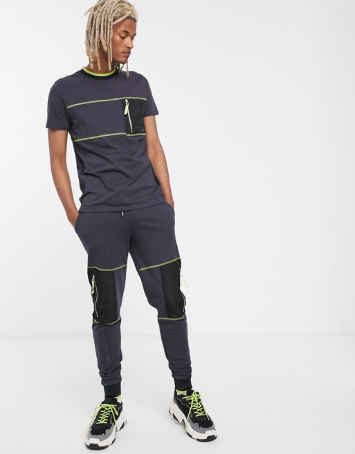 ASOS DESIGN - Ensemble à poches fonctionnelles et surpiqûres contrastantes - Noir délavé