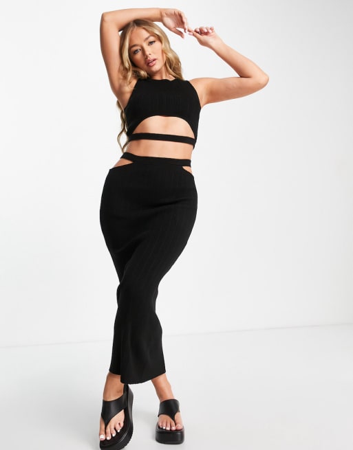 ASOS DESIGN - Ensemble avec jupe mi-longue en maille et top à découpes et lanières - Noir