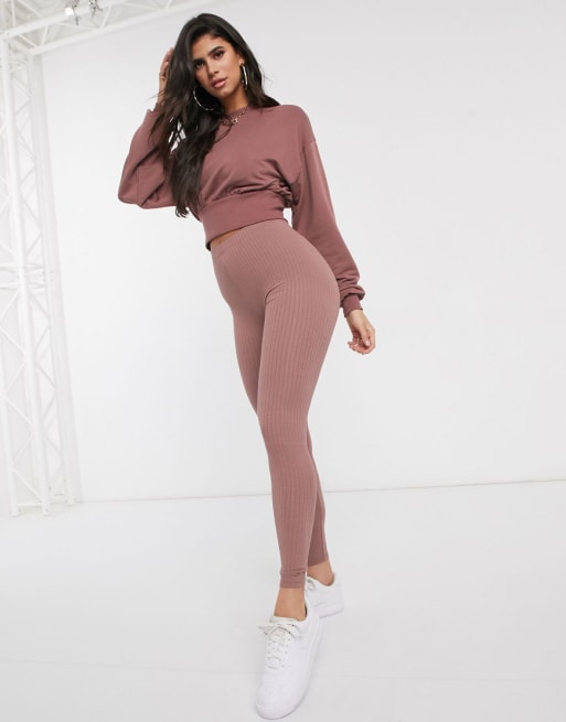 ASOS DESIGN - Ensemble avec legging côtelé et sweat-shirt coupe carrée à manches chauve souris - Tabac