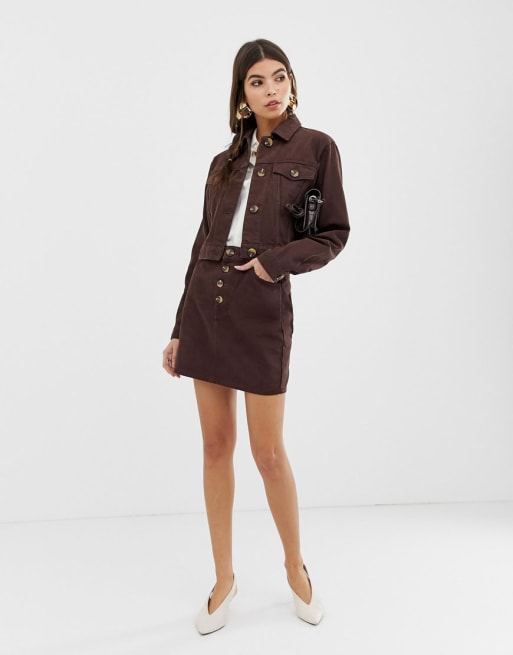 ASOS DESIGN - Ensemble en jean avec boutons en fausse corne - Chocolat